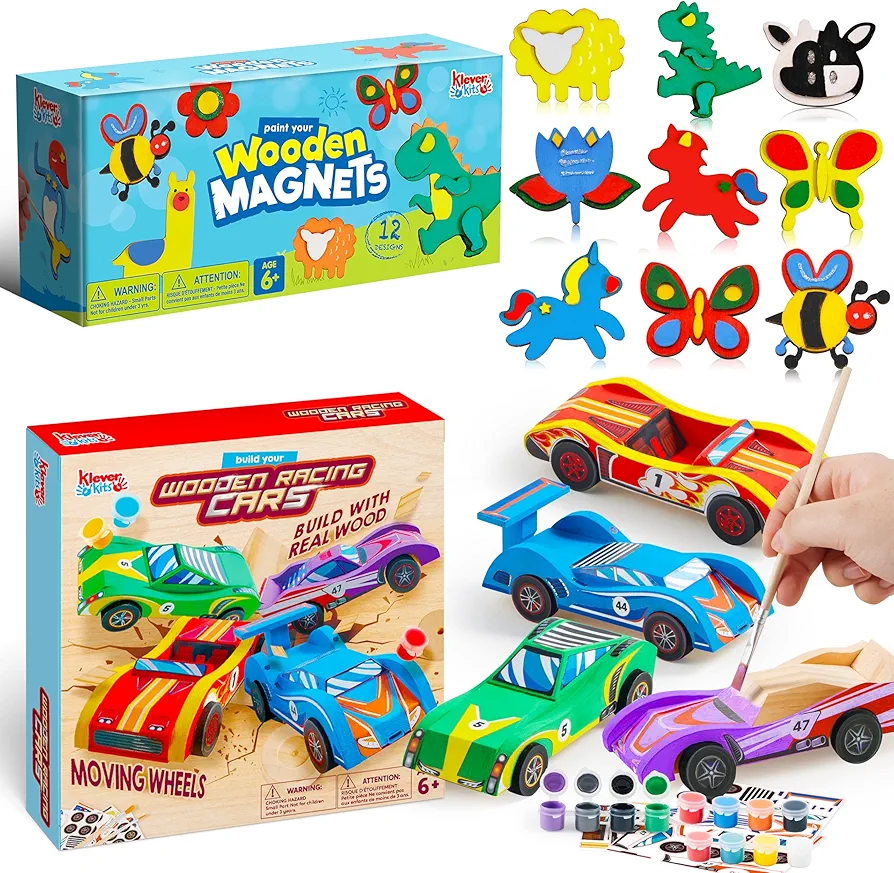 JOYIN 12 pcs Wooden Magnets and 4 DIY Wooden Race Cars Set, Arts & Crafts for Boys and Girls, Easy to Play Arts Crafts Kit, Birthday Party Presents for Kids Ages 6 and Up
