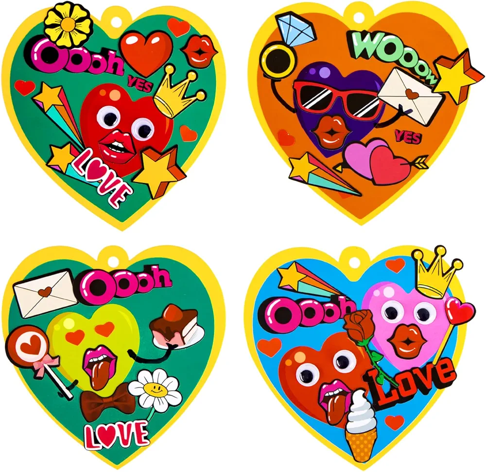 FaCraft Valentines Heart Craft Kits for Kids 16 Sets DIY Heart Crafts with Valentines Stickers Ornaments Valentines Day Craft Kits for Kids Classroom School Home Activity Art Project Exchange Gifts