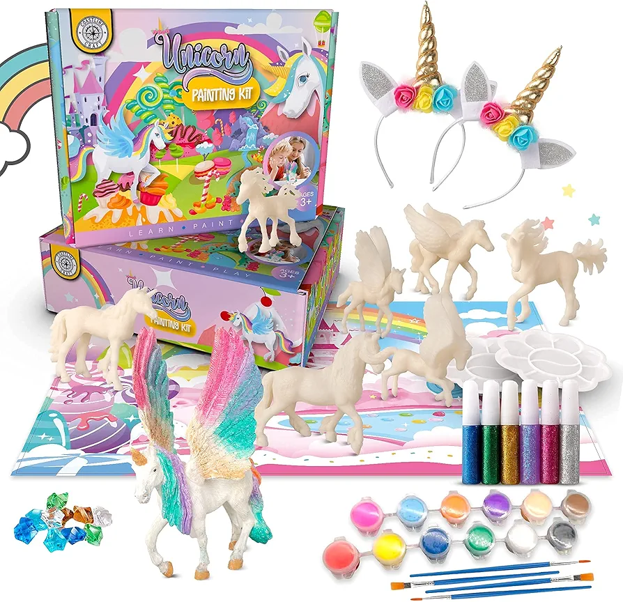 STEM-Accredited Unicorn Painting Kit for Kids - Paint Your Own Unicorn Craft Kit Toys w 2 Unicorn Headbands, Pegasus, Alicorn & Paint Sets for Kids Ages 4-8 - Unicorns Gifts for Girls