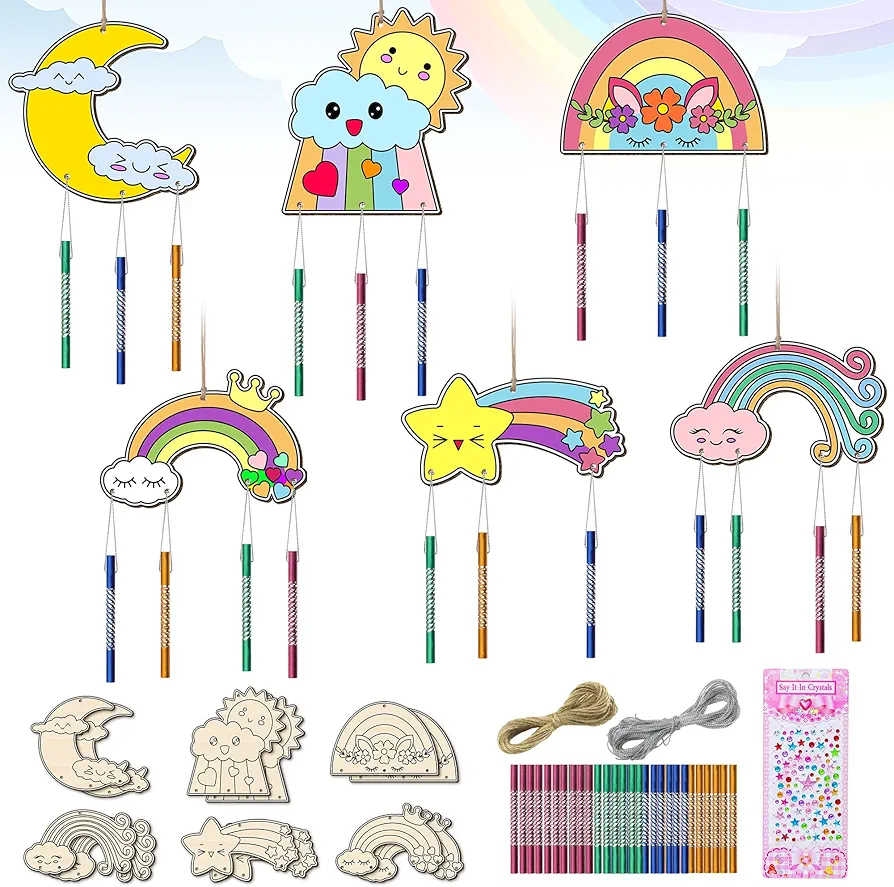12PCS Wind Chime Kit for Kids, Make Your Own Rainbow Wind Chime Unfinished Wooden Sun Moon Rainbow Cutouts DIY Arts and Crafts for Girls Boys