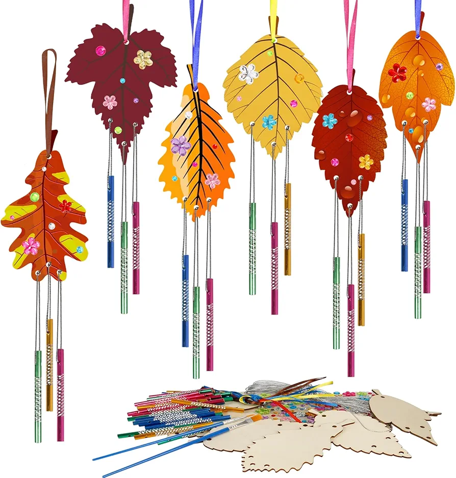 12 Pack Wind Chime Kit for Kids,Fall Craft Leaves Make Your Own Leaf Wind Chime Decorative Wooden Hanging Ornaments for Boys Girls Thanksgiving Halloween Party Supplies