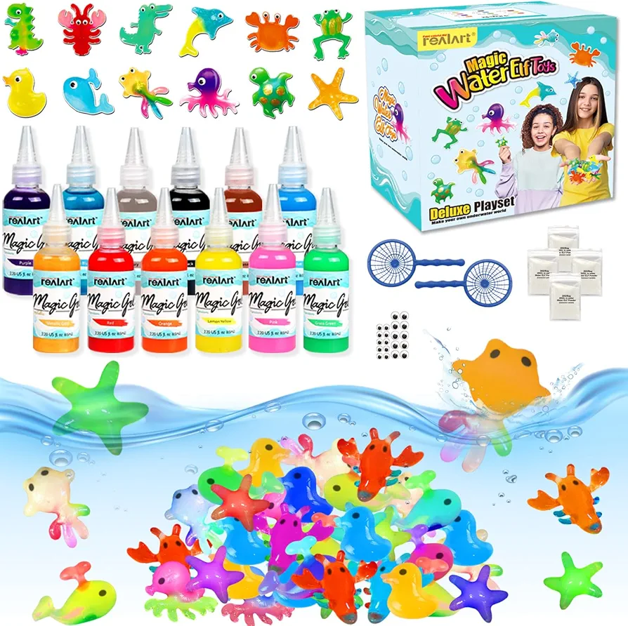 REALART Magic Water Elf Toy Kit Aqua Fairy Water Gel Kit (12 Colors Magic Gel, 12 Sea Creature Models, Etc) Over 3 Years Old