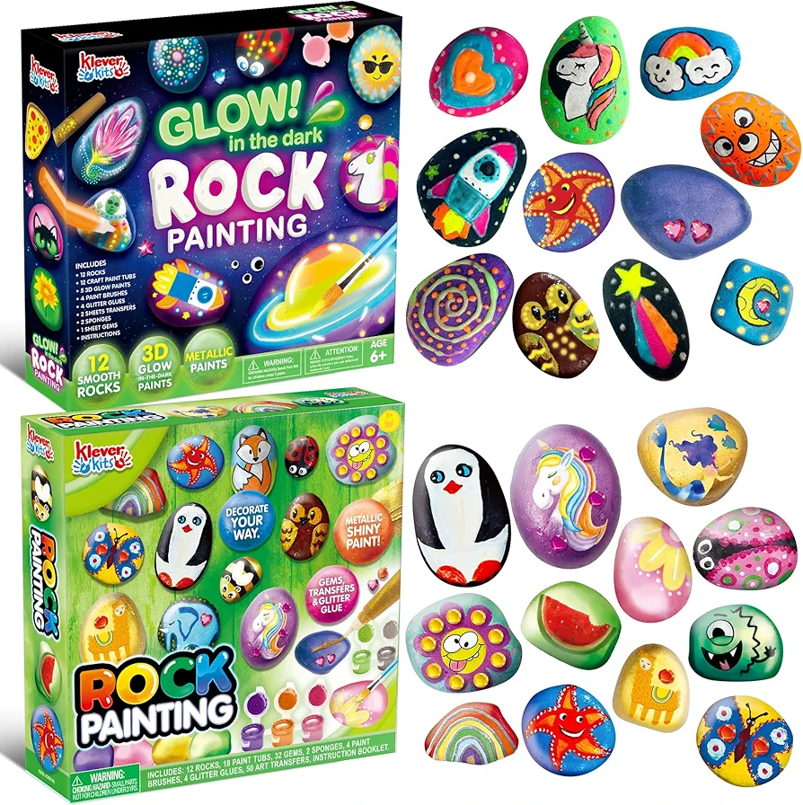 JOYIN 24 Rock Painting Kit, Arts and Crafts for Kids Ages 6-8+, Art Supplies with Various Paints (Glow in The Dark & Metallic & Standard), Craft Paint Kits, Kids Toy Gifts for Boys and Girls Ages 4+