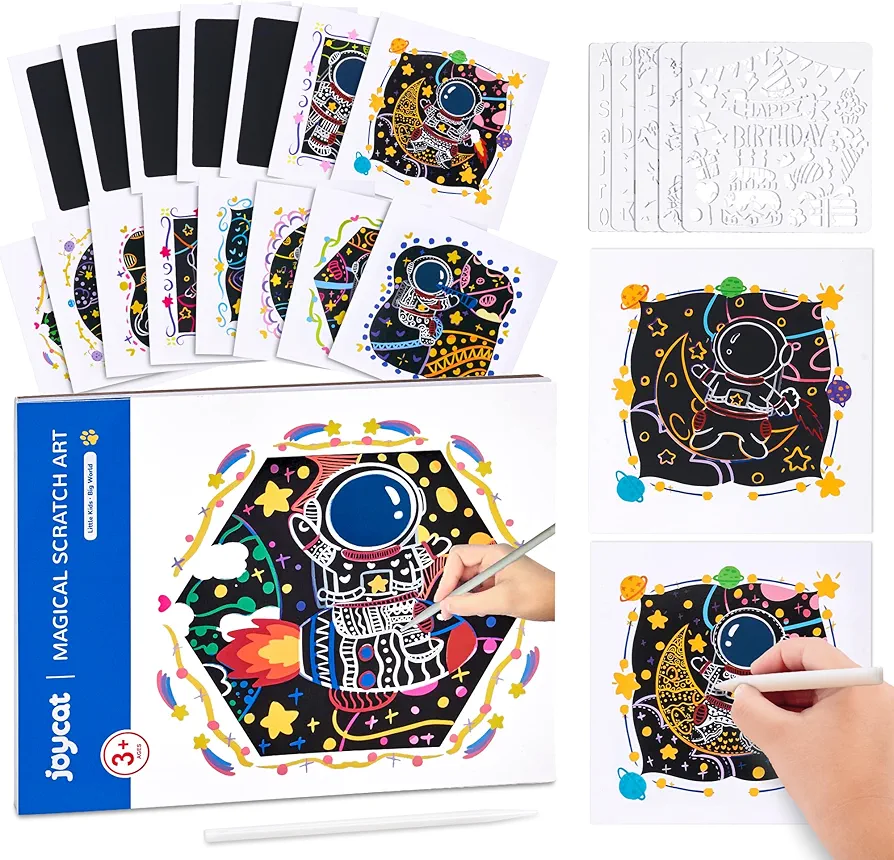 JoyCat Scratch Art for Kids, Space Art & Crafts Supplies Rainbow Magic Scratch Paper, Black Scratch Paper Party Favors for Toddles Aged 3 4 5 6 7 8