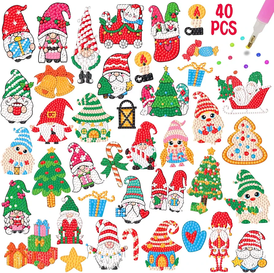 MEIEST 40 PCS Christmas Diamond Art Painting Stickers Kits,Diamond Art Mosaic Stickers by Numbers Crafts Set for Kids,Creative Handmade Art Craft Gift