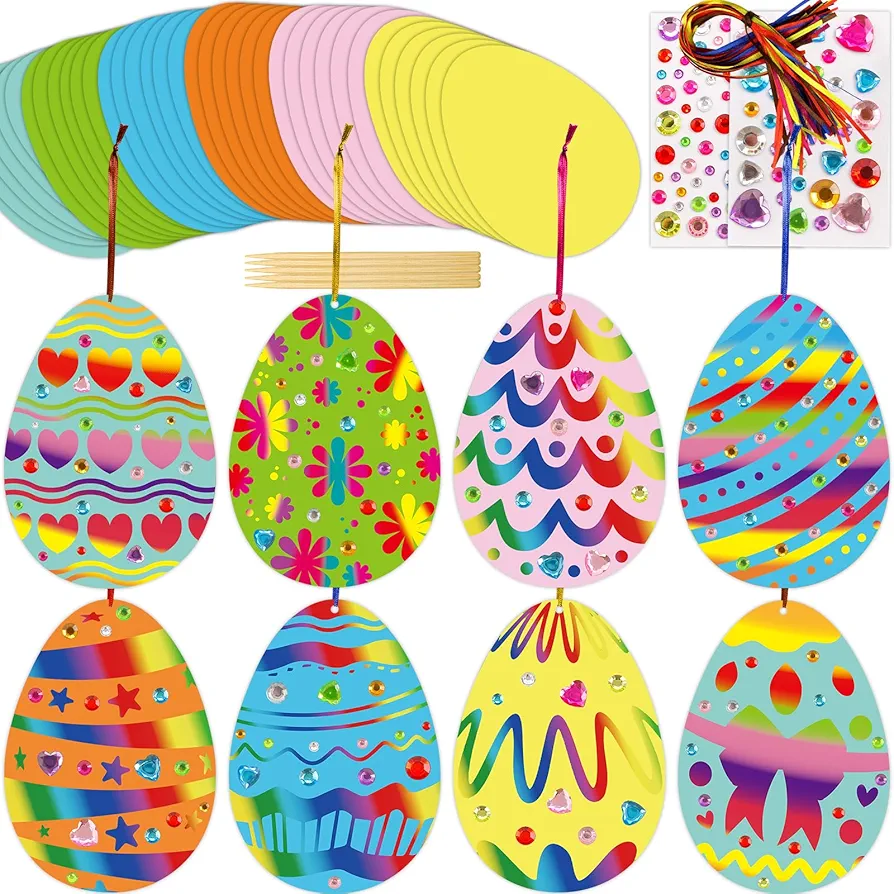 WorldBazaar Easter Scratch Crafts for Kids 36 Sets Party Activities Egg Hanging Ornaments Tree Decorations Eggs Scratch Rainbow Art Kits Birthday Party Favors Goodie Bag