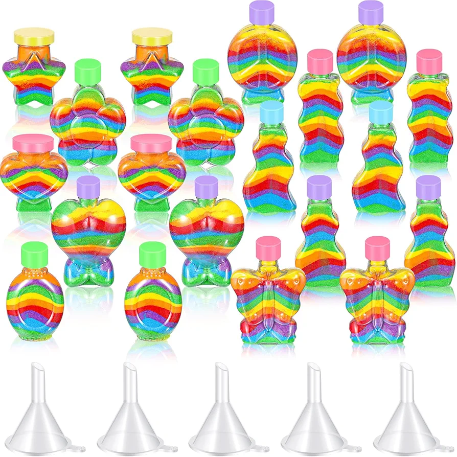 Bokon 20 Pcs Plastic Sand Art Bottles Bulk Sand Containers for Sand Art Containers with Plastic Funnels for DIY Crafts Wedding Birthday Party Decoration, 10 Style Without Sand(Plastic Cap)