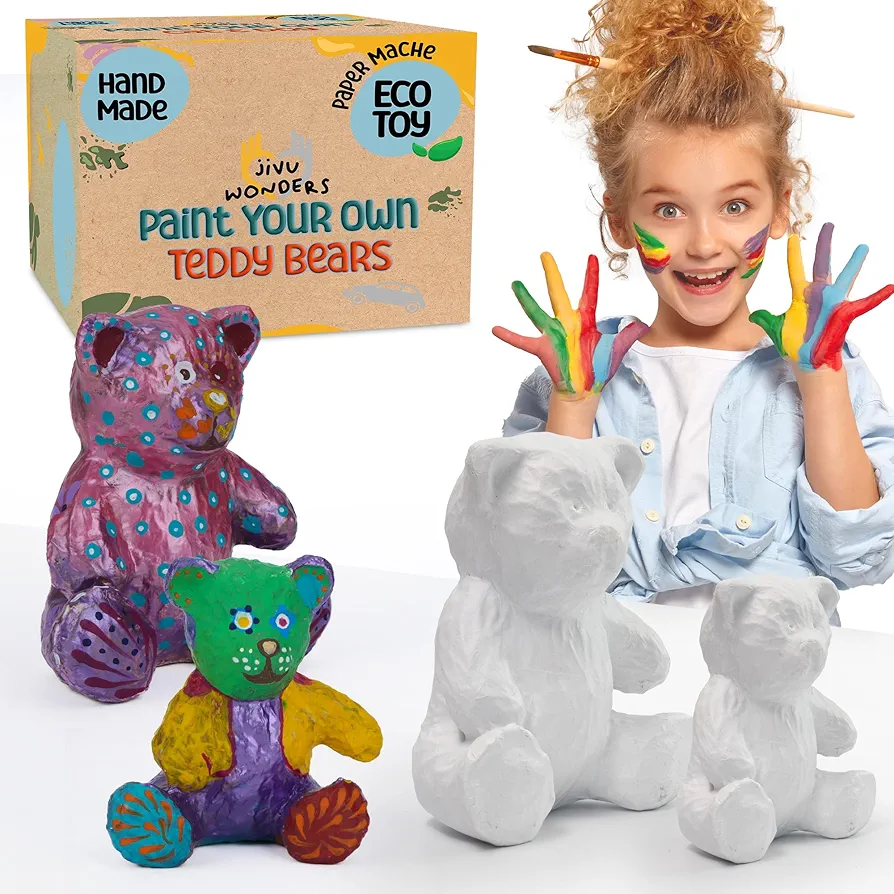 Jivu Wonders Paper Mache Teddy Bear Figures for Adults & Kids Crafts Sustainable Craft Supplies to Paint Personalize Decorate Handmade Ready to Paint Teddy Bear Figurines DIY Crafts for Boys and Girls