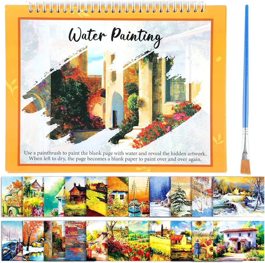 ZOiiWA Dementia Products for Elderly Reusable Water Painting Toys Country Life Water Doodle Coloring Book with A Painting Brush for Adults Seniors Drawing Activities Gift for Dementia Alzheimer