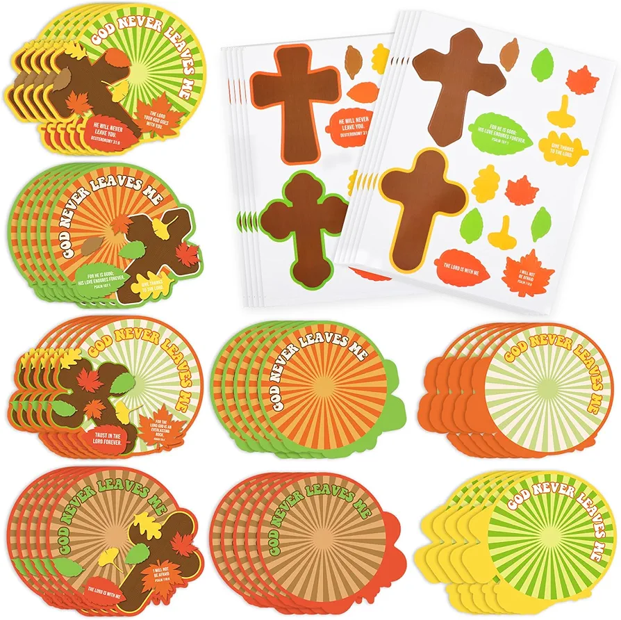 Suzile 24 Set Thanksgiving Fall Religious Craft Kits for Kids Christian Cross Craft Kit God Never Leaves Me Craft Kit with Cross Maple Leaves Cutout for Thanksgiving Fall Sunday School Church Activity