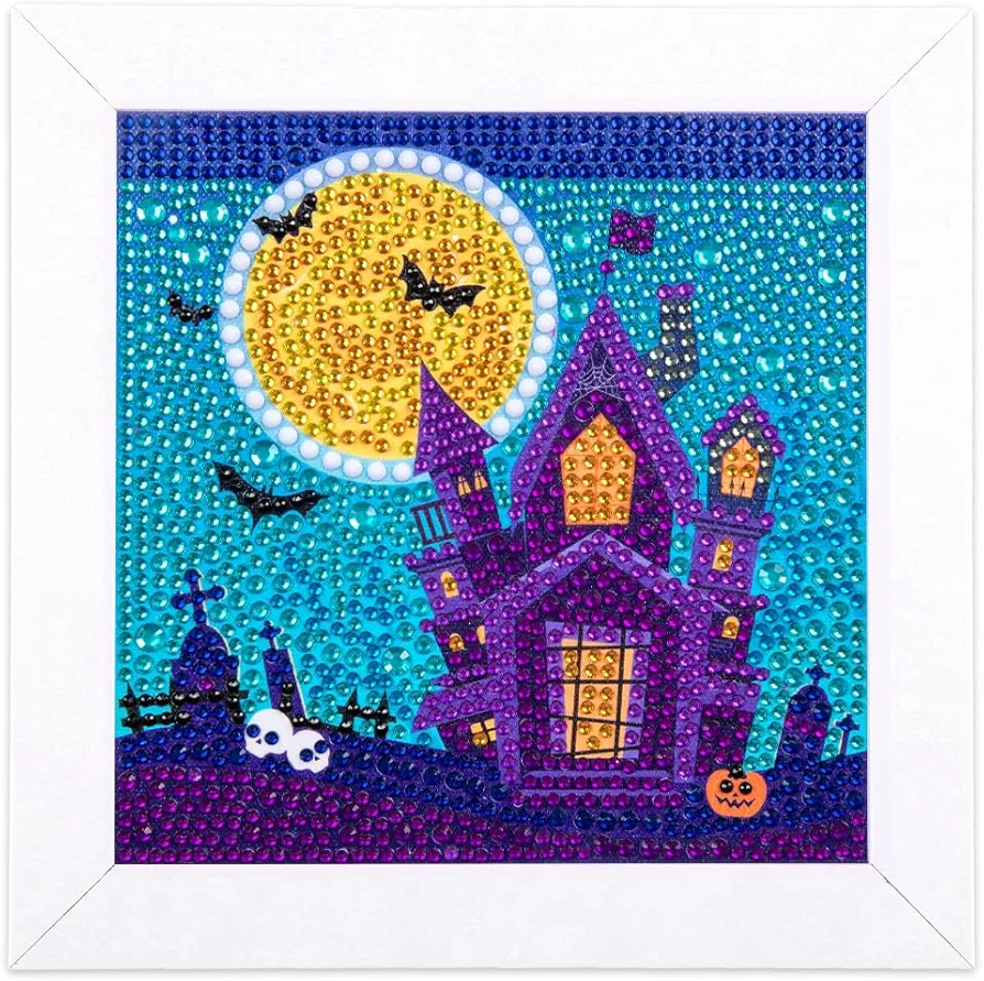 Labeol 5D Diamond Art Kit for Kids with Wooden Frame Art and Crafts for Kids Ages 6-8 - 10-12 Full Drill Painting by Number Kits Home Wall Decoration 6X6 inch (Halloween Castle)