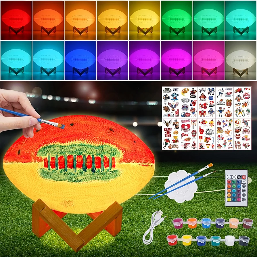 Paint Your Own Football Lamp Kit,7.9 Inch 16 Colors Night Light Toys for Girls Boys,Arts & Crafts Kit Art Supplies,Arts and Crafts Birthday Gifts for Kids Ages 3 4 5 6 7 8 9 10 11 12+