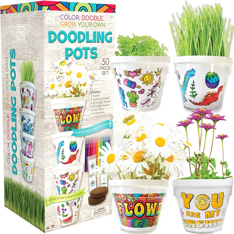 Hapinest 4 Pack Doodling Flower Pots Growing Activity Kit for Kids Easter Basket Stuffers Crafts Gifts for Girls and Boys Ages 4 5 6 7 8 9 10 11 12 Years Old and Up
