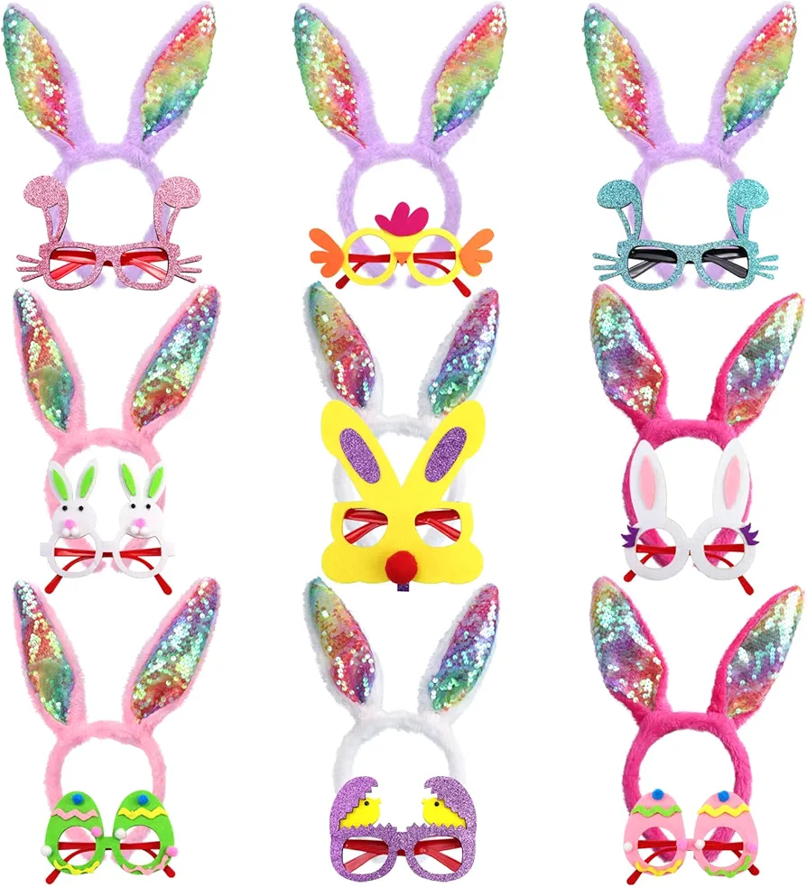 Halovin 18PCS Easter Headbands for Kids, Bunny Headwear and Glasses Frame Set, Easter Bunny Ears Rabbit Chick Eggs Party Favor Decorations Supplies Photo Booth for Kids and Adults