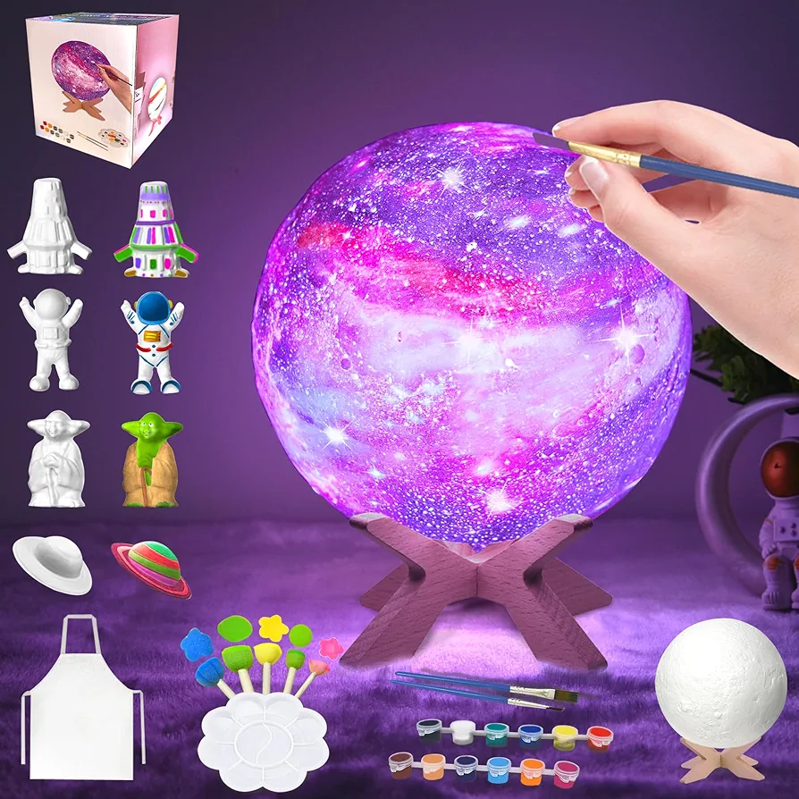SHINECLOUD Paint Your Own Moon Lamp Kit 5.9'', Arts & Crafts Kit Art Supplies for Kids/Boys/Girls, Rechargeable 16 Colors DIY Night Light with Remote Control/Touch Sensor/Wooden Stand