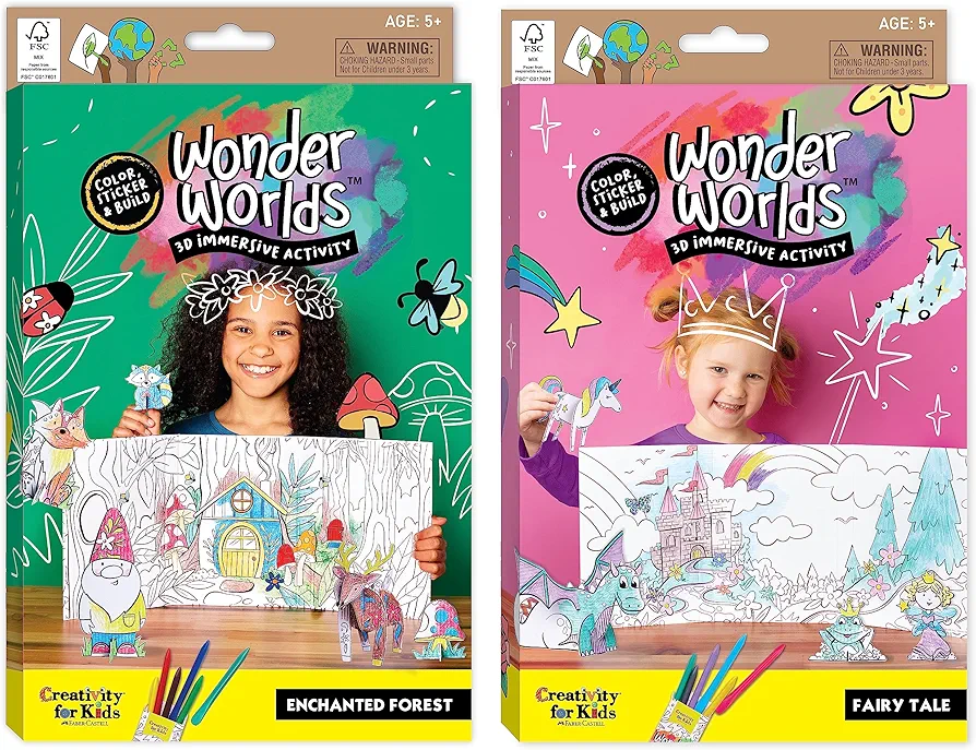 Creativity for Kids Wonder Worlds 3D Coloring Kit, 2 Pack: Princess Fairy Tale and Enchanted Woodland Forest - Kids Coloring Book Activity Kit for Ages 5-7+, Small Gifts for Kids