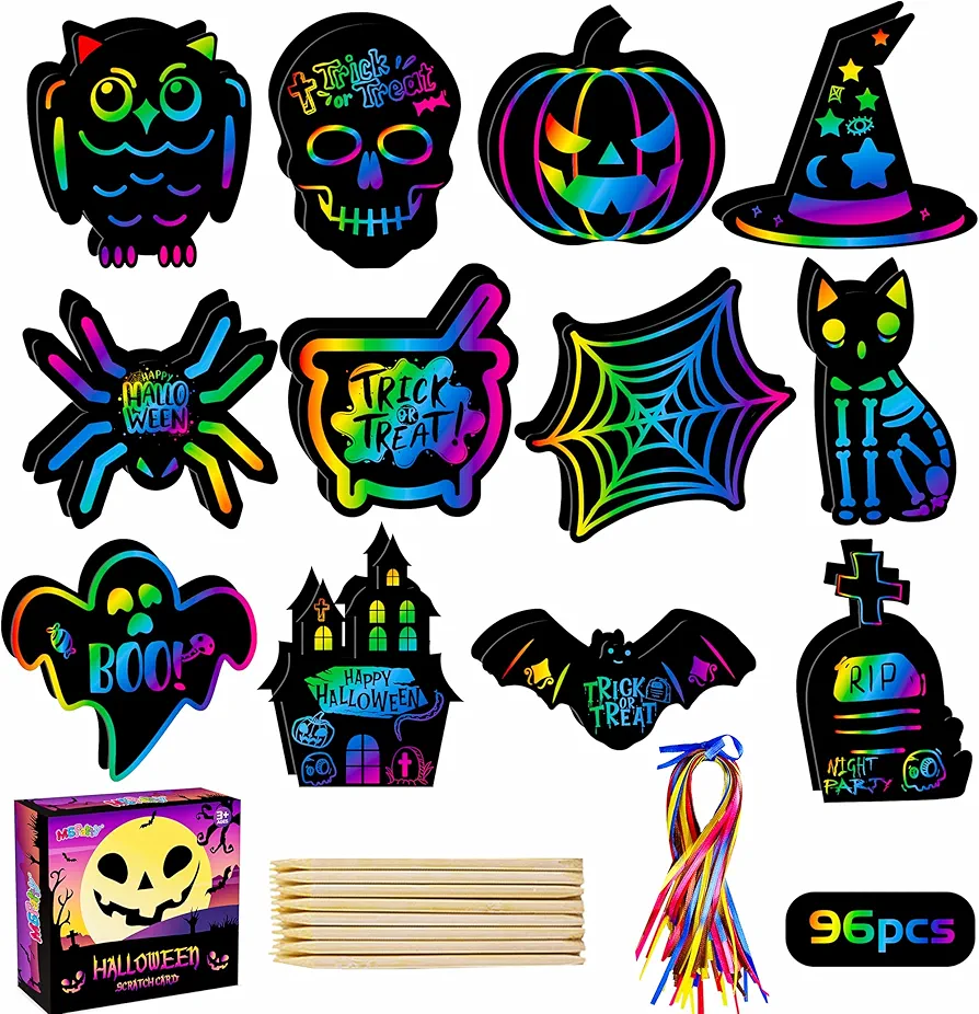 MGparty Scratch Paper Art for Kids - 96 Pcs Halloween Magic Rainbow Scratch Paper Off Cards Set for Kids Crafts Arts Supplies Halloween Ornaments Party Games Halloween Birthday Gift
