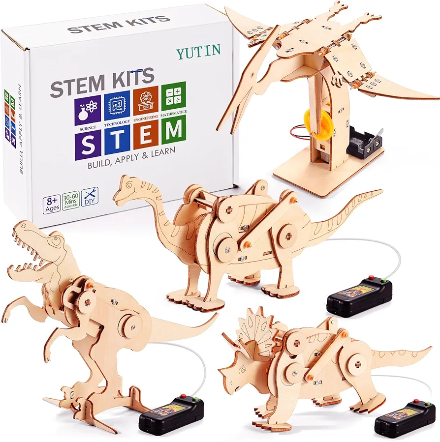 Dinosaur STEM Kits for Kids Ages 6-8-10-12, 4 in 1 Stem Projects, Wood Building Toys for Boys Age 8-12, Build It Yourself Woodworking Kit, DIY 3D Wooden Puzzles Model Science Kit, Craft Kits for Kids