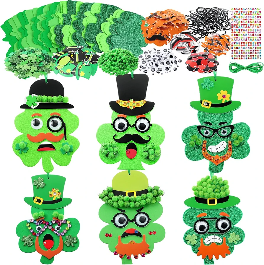 ReliThick 1152 Pcs St. Patrick's Day DIY Craft Kit for Kids DIY Shamrock Art Craft Make Your Own Funny Face Craft for Kindergarten Preschool for Classroom Home Activity Project
