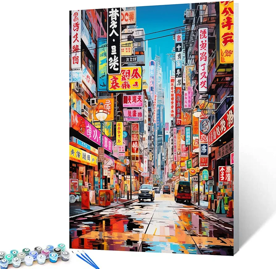 Native American Cityscape Art Paint by Numbers Kits with Brushes Graffitic Chinatown Acrylic Oil Painting for Adults Kids Colorful Pictures Craft 16''x20" inch Office Room Decor Gift (Frameless)