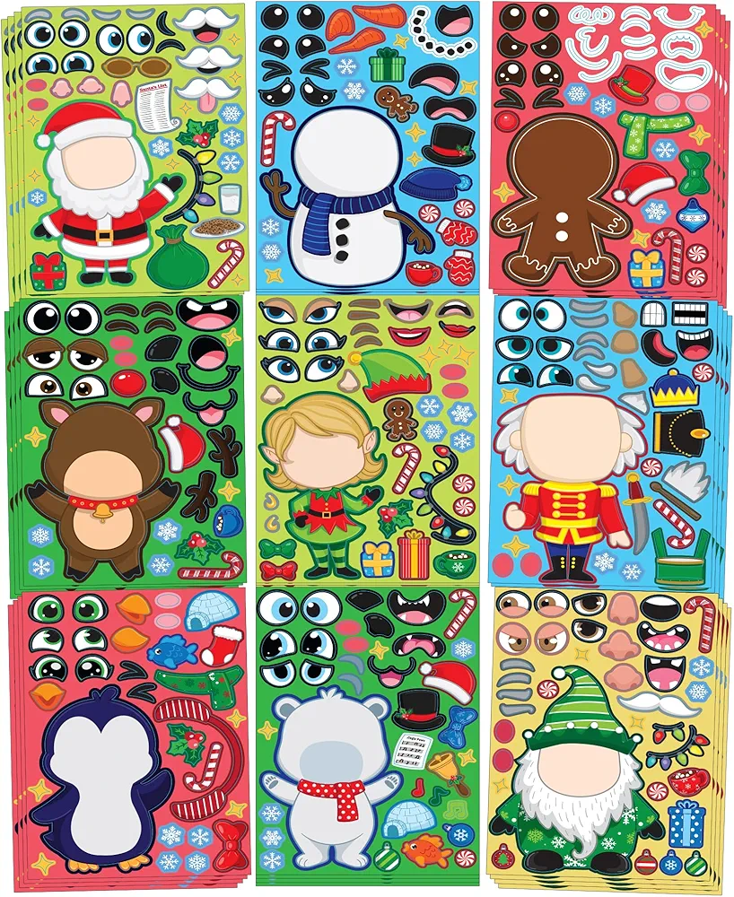 JOYIN 36 Pcs Christmas Make A Face Sticker Sheet, Christmas Make Your Own Arts & Crafts with Santa santa, Gnome, Reindeer, Snowman,Christmas Mix & Match Gifts for Kids School Activities Party Supplies