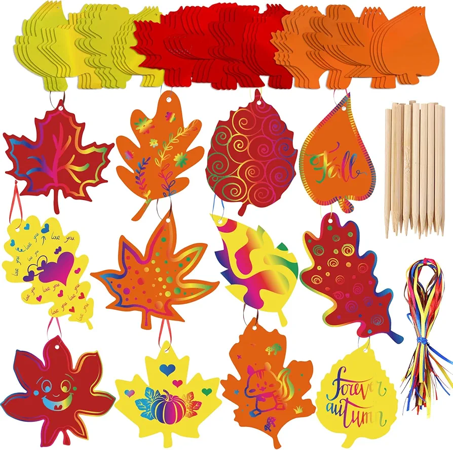 JarThenaAMCS 60 Fall Scratch Art Set 12 Desgins Colorful Autumn Maple Leaves Shape Scratch Paper with Ribbon Wooden Stylus Sticks DIY Crafts Kits for Kids Halloween Thanksgiving Classroom Party Favors