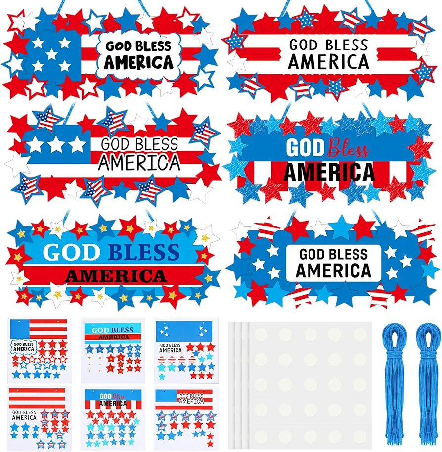 30 Sets Patriotic God Bless America Sign Craft Kit 4th of July DIY Red White Blue Star USA Flag Craft Religious Independence Day Hanging Ornaments for Memorial Day Classroom Activities