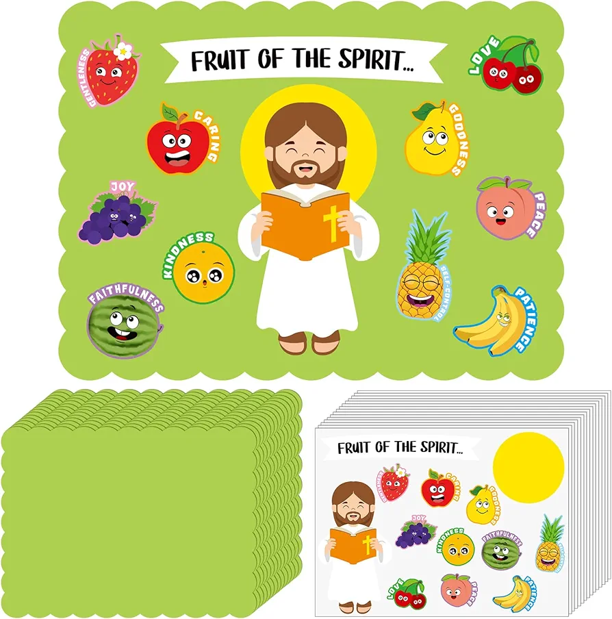 Weekgrat 24 Sets Fruit of The Spirit Craft Kits for Kids Religious Bible DIY Placemat Crafts with Christian Fruit of The Spirit Stickers for Fun Sunday School Home Classroom Arts Activities