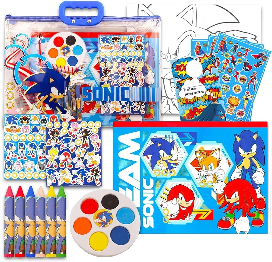 Papartyy Drawing and Painting Set for Boys Bundle with Sonic The Hedgehog Coloring Book, Coloring Utensils, Watercolor Paints, Stickers, and Door Handle | Sonic Crafts for Kids, Blue, sonic-tote1