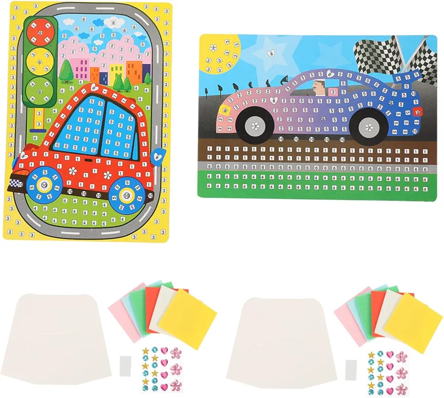BCOATH 2 Sets DIY Mosaic Stickers Pictures Craft Rhinestones Stickers Kids Sticky Puzzle Toy Owl Mosaic Tile Art Kit Cartoon Mosaic Plaything Car Toys Eva Material with Diamond Child