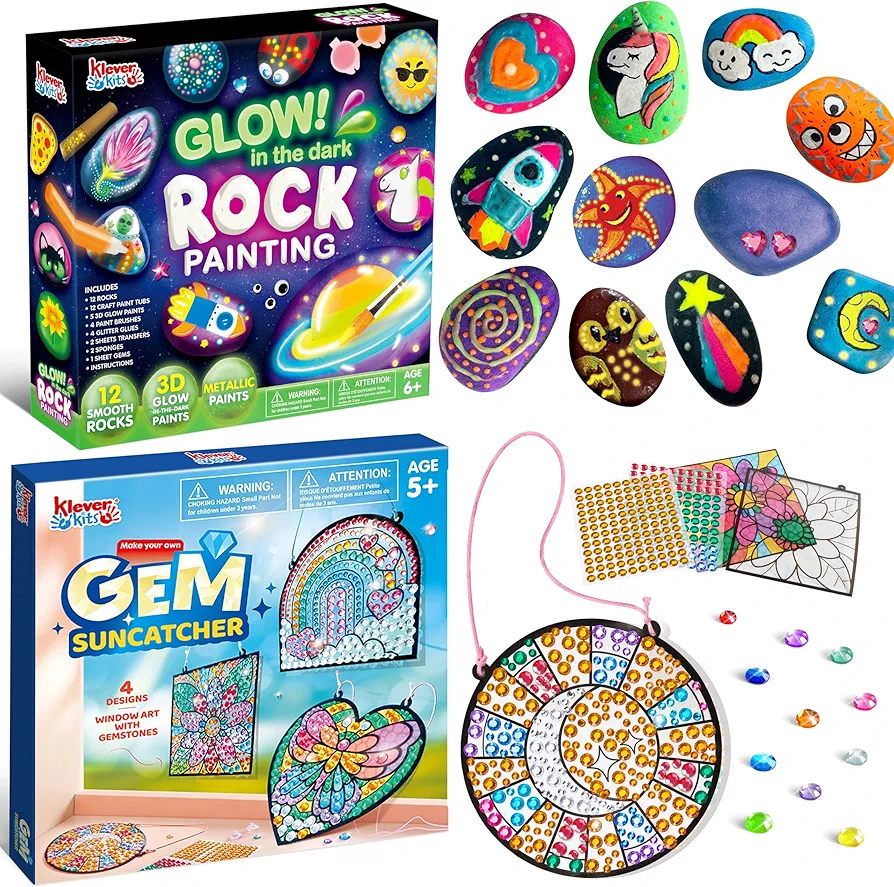 JOYIN Rock Painting Kit- Glow in The Dark Rock Kit and 4PCS Window Art Suncatcher Kits Set, Arts and Crafts for Kids Ages 6-12, Art Supplies, Arts & Crafts Toy for Boys Girls Birthday Party Gift