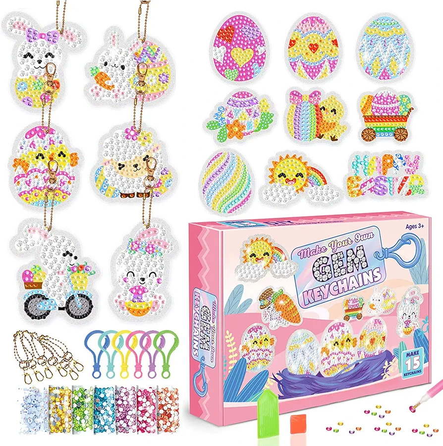 RAYNAG 15 Pieces Easter Gem Keychain Kits Diamond Art Keychain Set Easter Egg Rabbit Gem Art Ornaments Key Chain Gift Box, Gem Pendant for School Bag, Backpack Toys and Gifts for Kids Ages 6-12 (A)