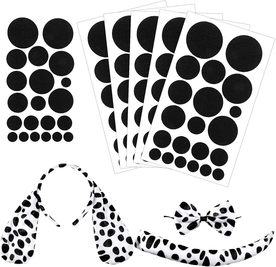 WILLBOND Dalmatian Dog Ear Headband, Bow Tie, Tail Set with 5 Sheets Adhesive Felt Circles Felt Pads 5 Sizes Self-Adhesive Pads for Halloween DIY Projects Costume Party Decorations Supplies