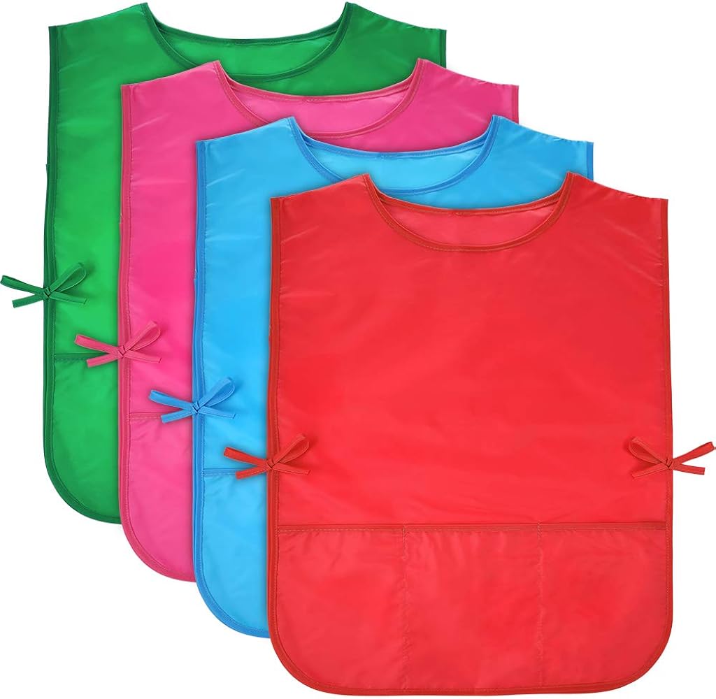Pllieay 4Pcs 4 Colors Water Resistant Kids Art Smocks with 3 Pockets, Middle Size Children Artist Painting Aprons for Classroom, Kitchen Community Event, Crafts & Art Painting Activity, 5-10 Years