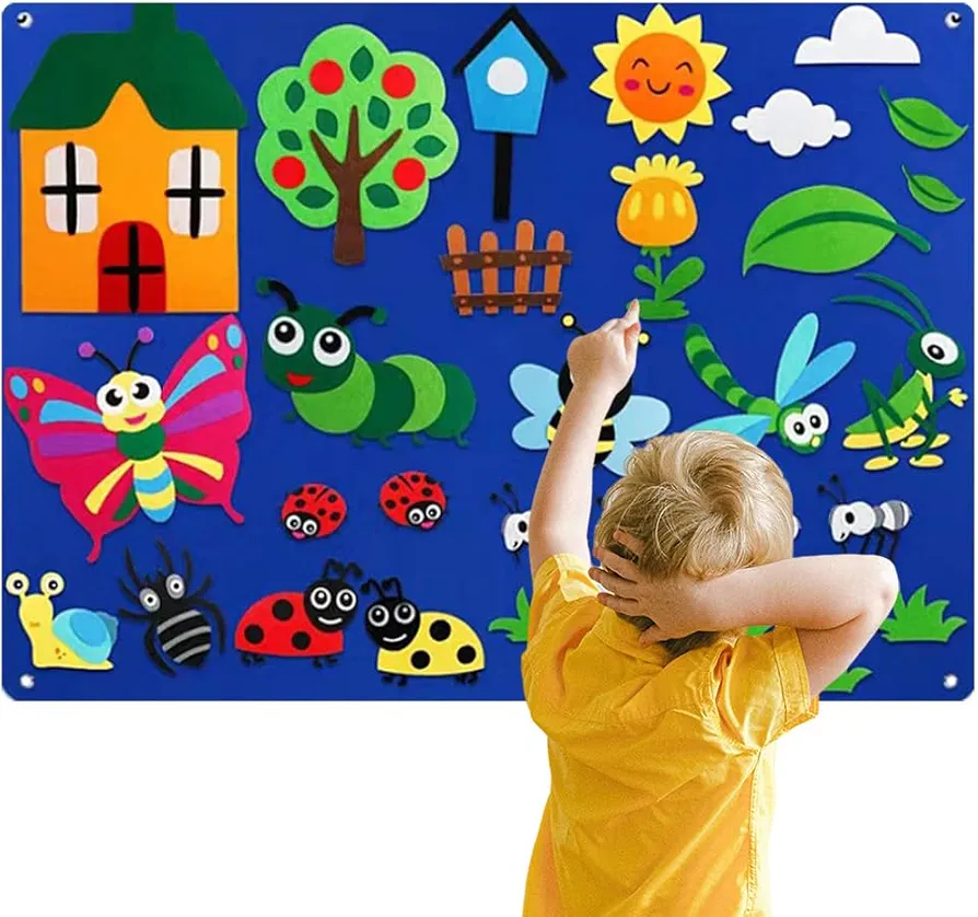 Insects Felt Story Board Set,Preschool Educational Flannel Play Mat,Caterpillar Butterfly Beetle Interactive Early Learning and Storytelling Kit Wall Hanging Gift for Toddlers Boys Girls (Insect)