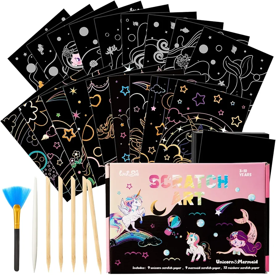 Scratch Art Kit for Kids - 30 Pcs Magic Scratch Off Paper for Girls Unicorn Mermaid Theme Art Supplies Colorful Drawing Art Craft with Wooden Stylus Kids Activities Party Christmas Birthday Gift