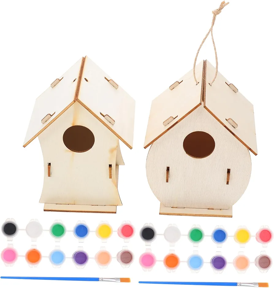 Vaguelly 2 Sets Wooden Bird House DIY Arts Crafts Children Painting Bird House DIY Hanging Birdcage Craft Painting Toy Painting Wooden Birdhouse Kid Graffiti Bird House Decorative Birdhouse