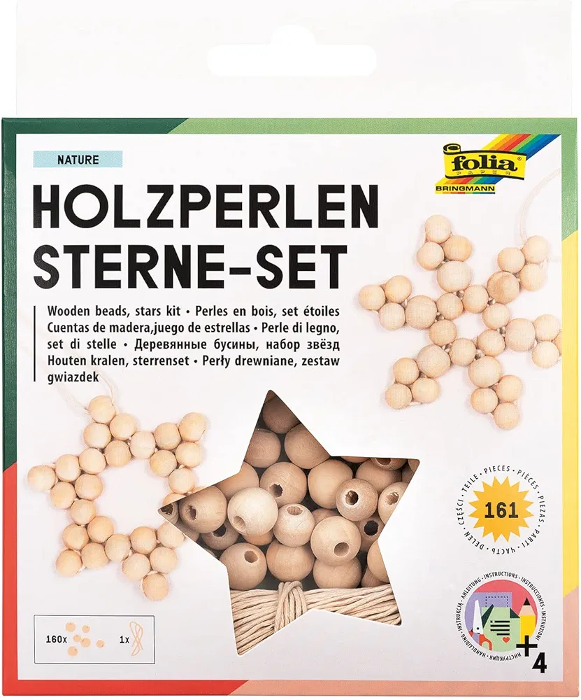 folia 22520 - Wooden Beads Stars Set Nature, Craft Set with 160 Wooden Balls and a Natural-Coloured Cord for Threading, for Crafts of Stars and Pendants