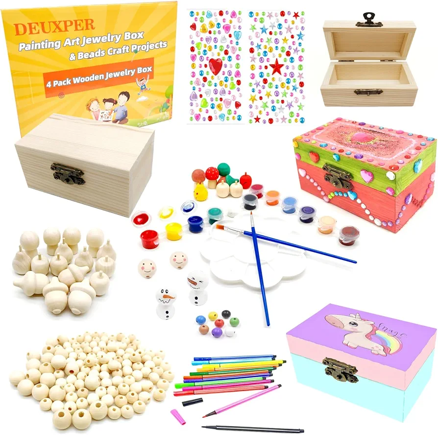 DEUXPER 2-in-1 Kids Art & Craft Toy - 4Pcs Wood Jewelry Box and 136 Charms Beads Painting DIY for Kids Ages 6-8, Girls Bracelets Making Supplies Easter, Kids Birthday Gift for 6 7 8-10 Year Olds
