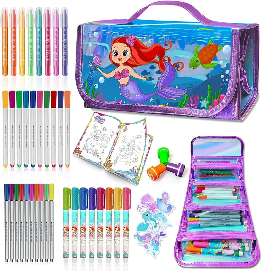weirtoya Washable Fruit Scented Markers Set with Pencil Case Stickers Stamps Coloring Book, STEM Toys Mermaid Unicorn Gifts for Girls Birthday Gifts for Girls 4-9 Years