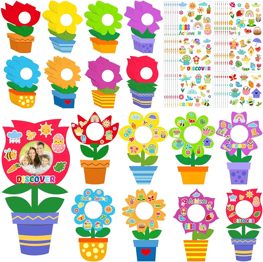 96 Pcs Mother's Day Flower Picture Frame Crafts for Kids DIY Handprint Flower Pot Hand Keepsake Picture Frame Craft Gifts with Flower Stickers for Spring Party Kids Classroom Home Activities