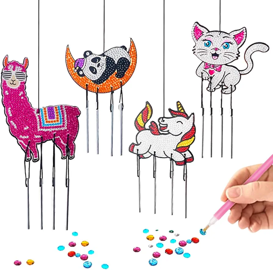 5D Diamond Art DIY Wind Chimes for Kids - Diamond Art Stickers & Wood Craft Kit w/Diamond Art for Children Ages 6-7 - 8-9 - 10-11 - 12 - Arts & Crafts for Kids - Make 4 Gem Windchimes