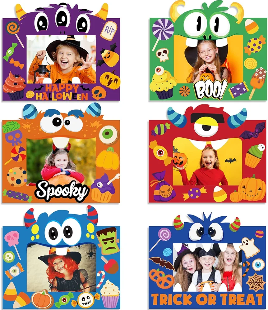 Picture Frame Craft Kits Halloween Paper Cartoon Theme Photo Frame DIY Art Craft Kits for Kindergarten Preschool Kids with Stickers for Party Favor Home Classroom Decoration Supplies (48 Pcs)