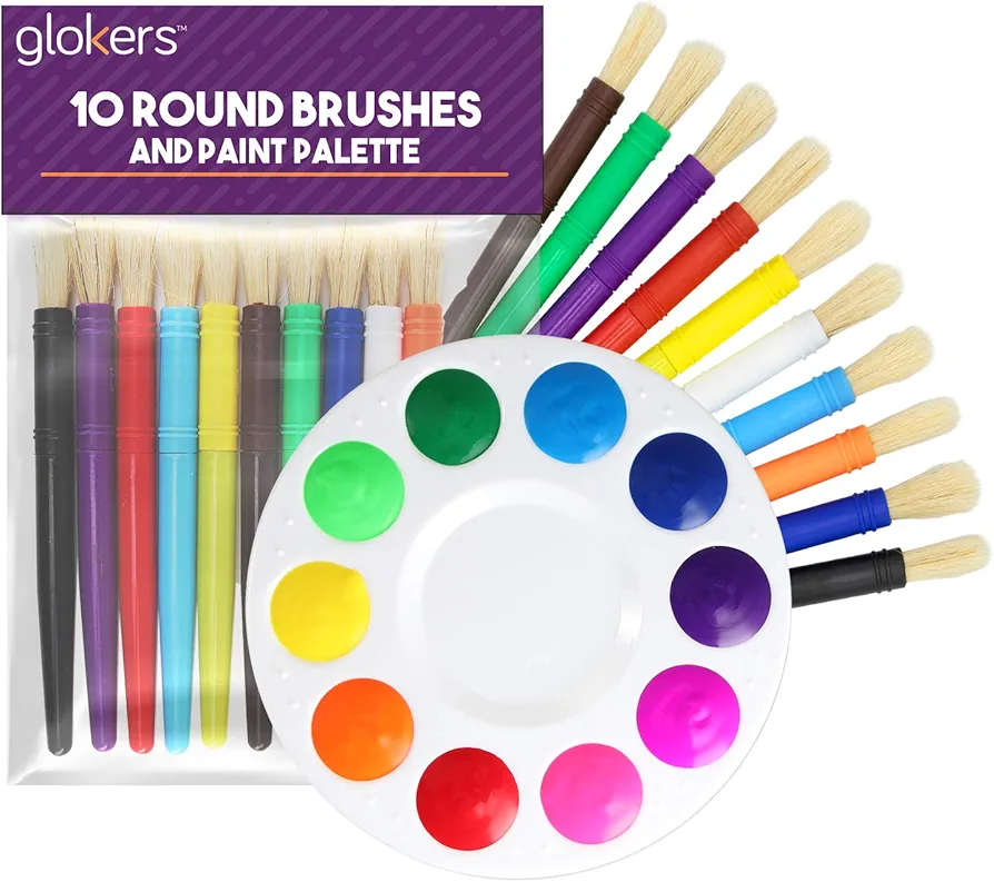 glokers 10-Piece Kids Paint Brushes Set with Paint Palette - Set of 10 Round Hog Bristle Paintbrushes, Easy to Clean - Art Supplies Perfect for Home, School, and Daycare
