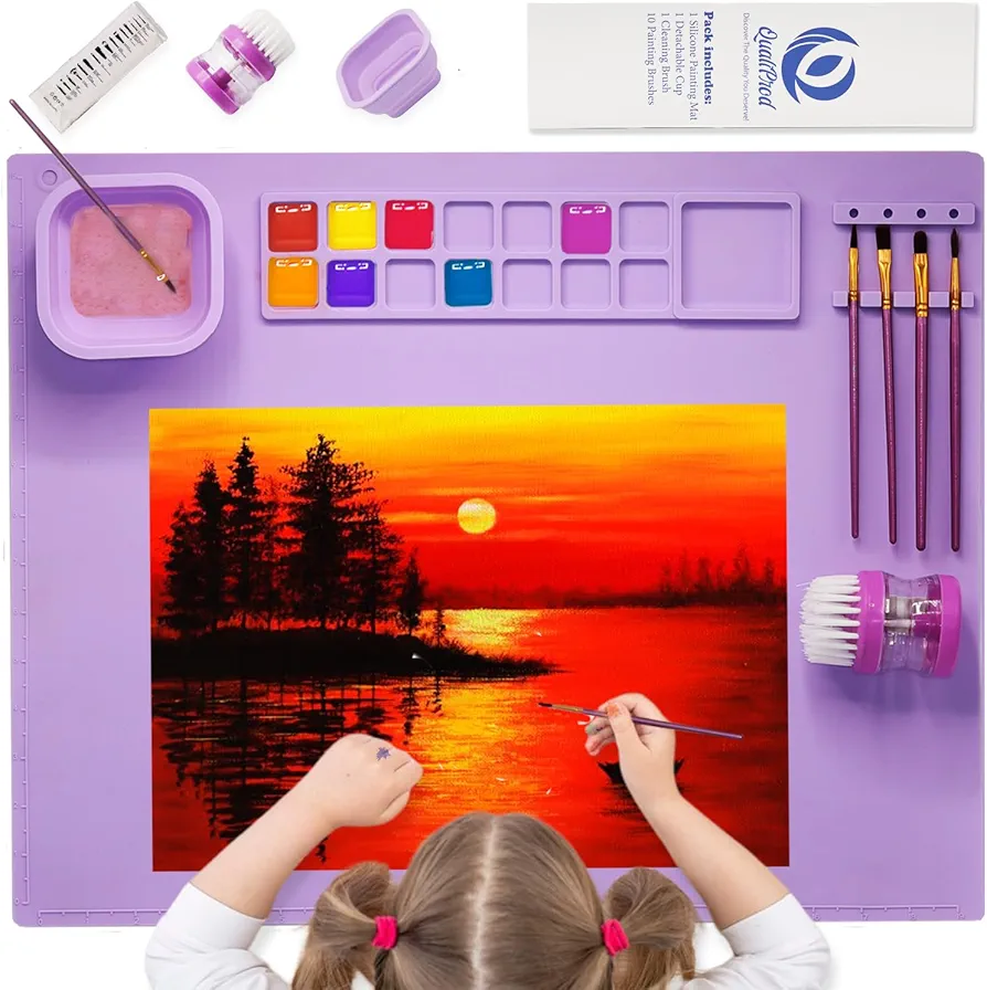 Silicone Painting Mat - Art Mat with Cup, Craft Paint Brush Cleaner Tool &10 Paint Brushes – Thick Large 20 X 16" Paint Mat for Kids & Adults – Washable Erasable Silicone Craft Mat for Artistic Work