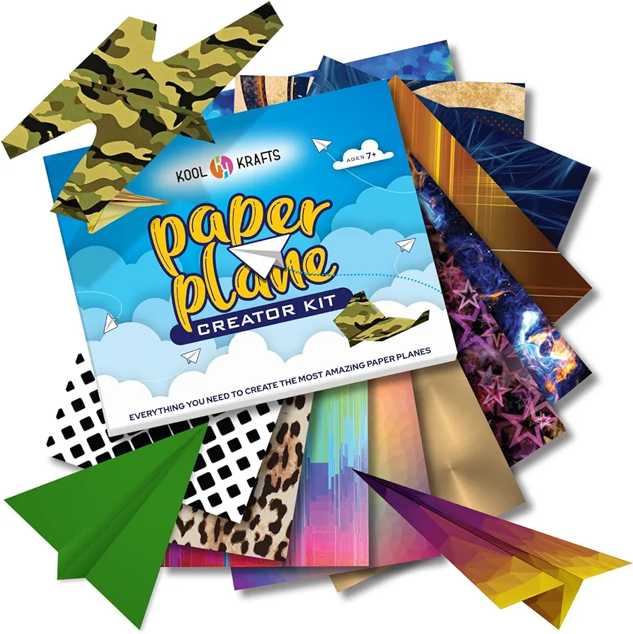 Paper Airplanes - Craft Kit | Airplane Activities for Kids | Set Includes 65 Sheets 40 Colored 25 Patterned Paper, Paper Airplane Book, 15 Easy Step Colored Designs | Large Size 8x10.5 | Airplane Toy