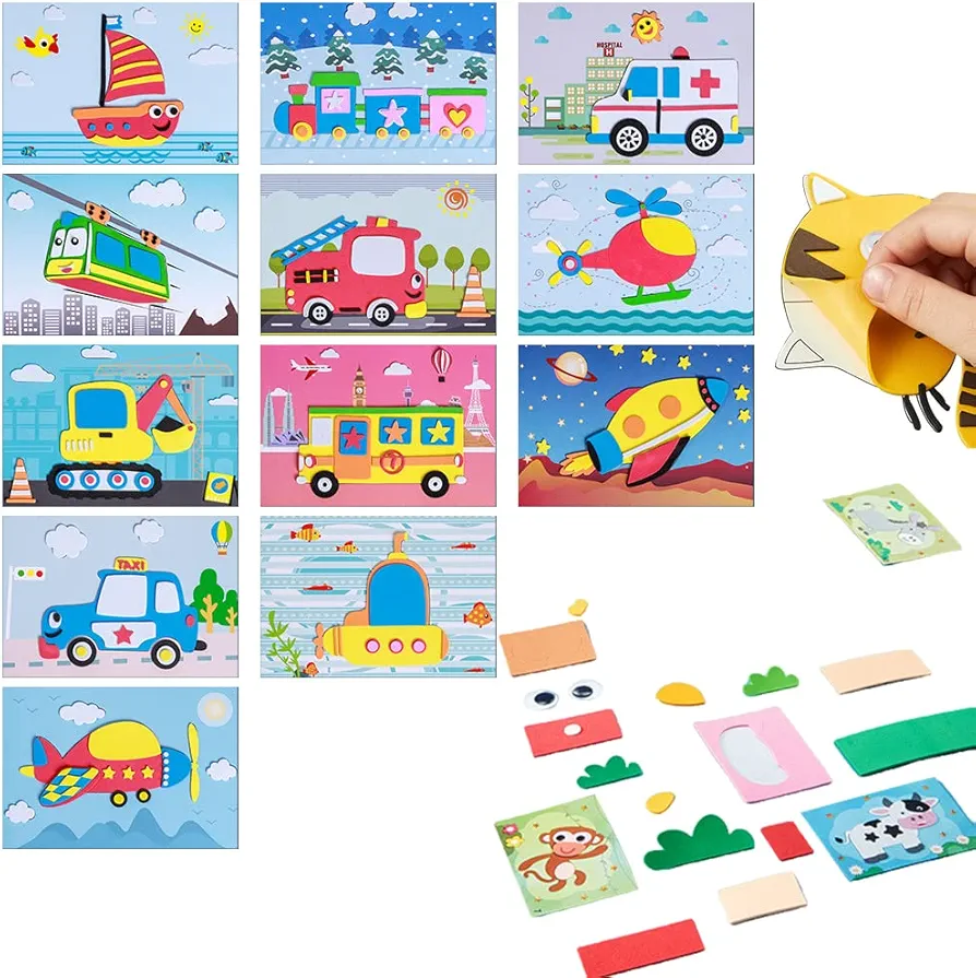 Cartoon EVA Sticker Toys, 12 Sheets/Set DIY Kids Animal Handmade Stickers, 3D EVA Foam Stickers Puzzle Game Handmade Crafts Learning Toy Educational DIY Sticker for Kids (Vehicle)
