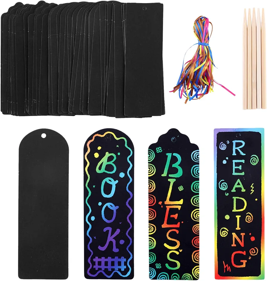 75 Set Scratch Art Bookmarks for Kids, DIY Magic Rainbow Scratch Paper Notes Cards Gift Tags Doodle Bookmarks with Wood Stylus & Colorful Ribbons & Jute Twine for Kids DIY Painting Crafts