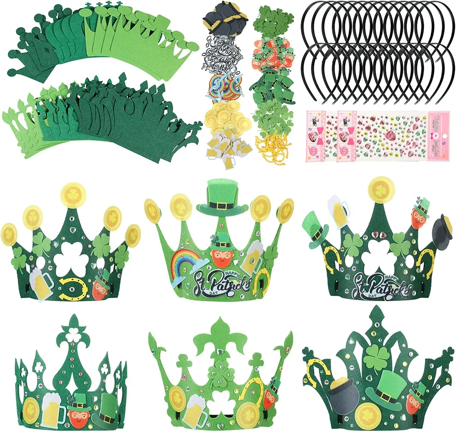 24 Set St. Patrick's Day Crown Crafts Kit for Kids Felt Shamrock Crown DIY Tiara Self Adhesive Leprechaun Hat Green Gold Coins Pot Felt Stickers for Classroom Activities Party Makes Party Favor