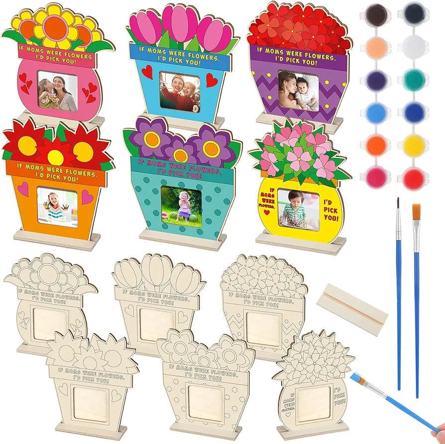 12 Sets Mother's Day Picture Frame Craft for Kids Color Your Own Wood Mother's Day Craft DIY Mother's Day Coloring Flower Picture Frame for Mother's Day Gift Classroom Tabletop Home Decor